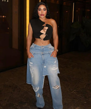 Apron Frayed Hem Straight Leg Pant Set