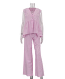 Stylish Pink V-Neck Sleeveless Top and Long Pants Suit Set