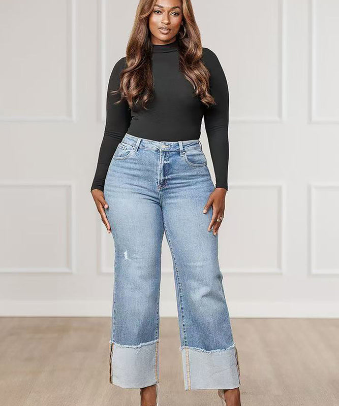 Blue Washed Long Jeans With Outward-Folded Cuffs For Comfort