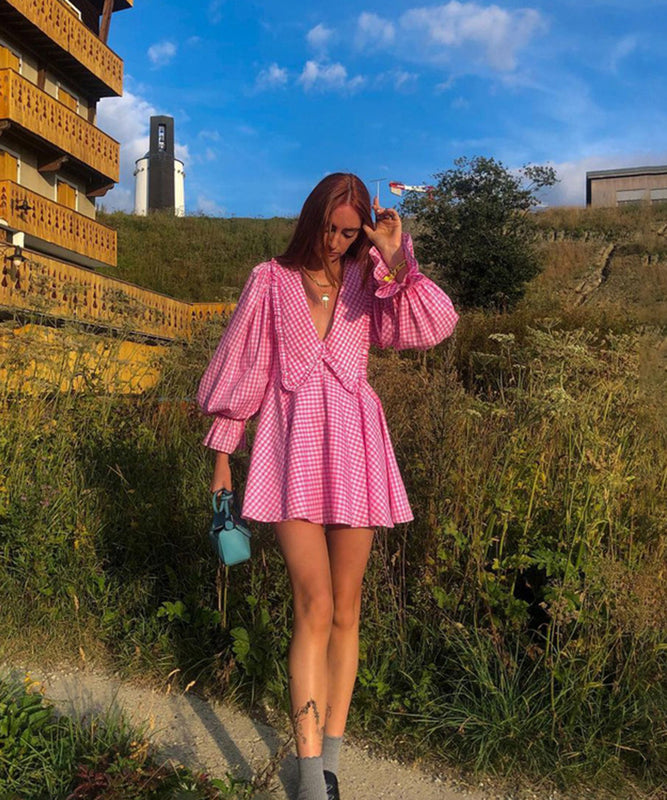 Charming Pink Plaid Long-Sleeved Dress with Butterfly Collar