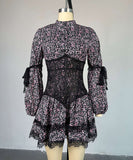 Chic Printed Waist Long Sleeve Short Lace Dress in Purple Pink