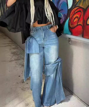 Aged Patchwork Bow Wide Leg Denim Pants for Stylish Comfort
