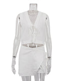 Chic White Sleeveless Vest and Short Skirt Cotton Set