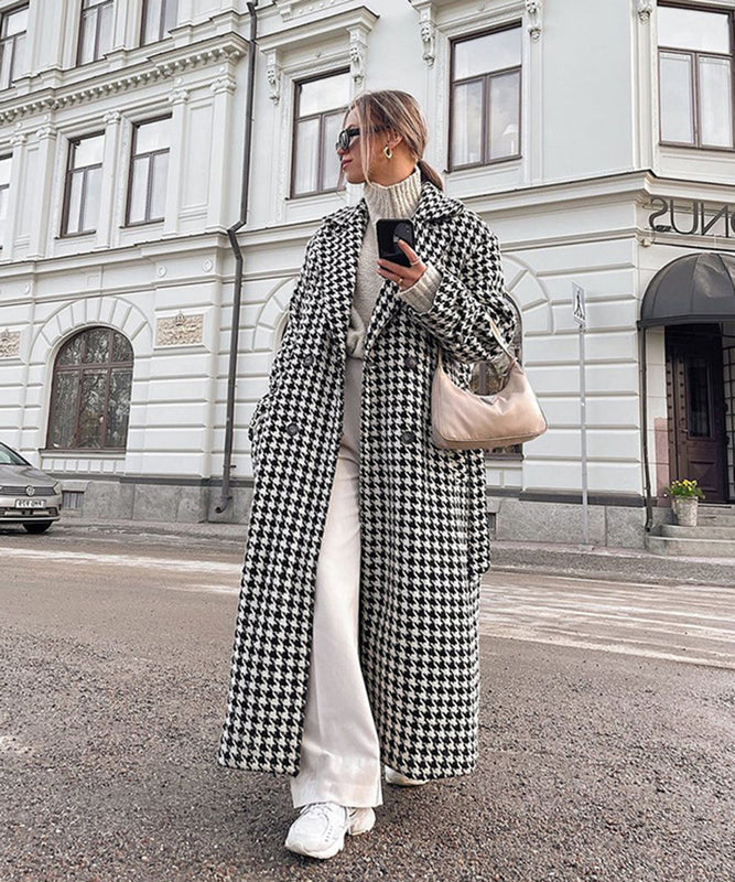 Elegant Thousand Bird Check Longline Trench Coat