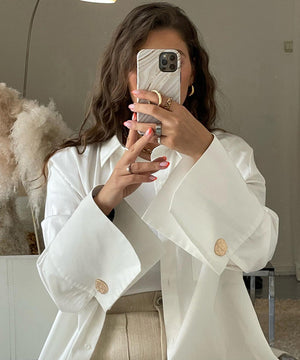 Chic Long-Sleeved Double-Pocket Shirt with Cowl Neck Design