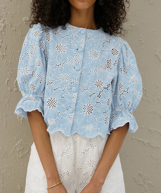 Chic Embroidered Short Fashion Trumpet Sleeve Crop Shirt