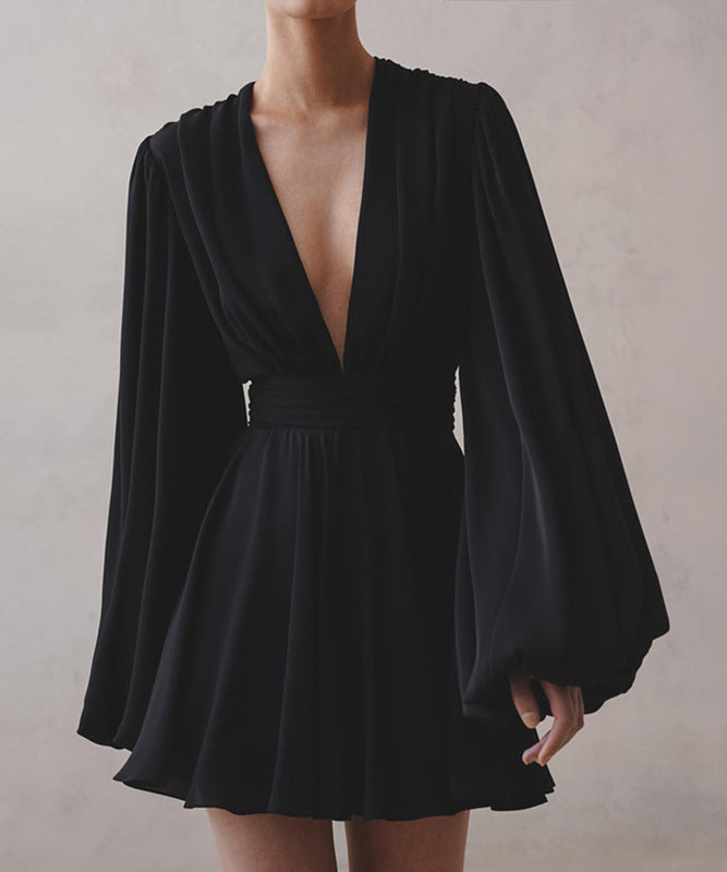 Elegant V-neck High-Waisted Dress with Puffy Sleeves