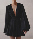 Elegant V-neck High-Waisted Dress with Puffy Sleeves