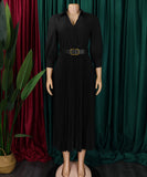 High Waist Pleated Long Sleeve Dress with Lapel and Belt