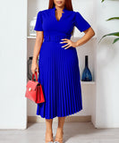 Short Sleeved V Neck Pleated High Waisted Dress in Vibrant Colors