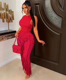 Sash Belt Pants and Sleeveless Fringe Top Set Bold Colors