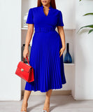 Short Sleeved V Neck Pleated High Waisted Dress in Vibrant Colors