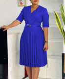 Stylish Large V-Neck Pleated Dress in Vibrant Solid Colors