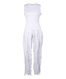 Sash Belt Pants and Sleeveless Fringe Top Set Bold Colors
