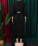 High Waist Pleated Long Sleeve Dress with Lapel and Belt