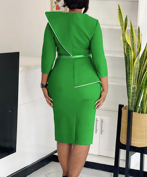 Elegant A-Line Pencil Skirt Dress With Belt in Deep Blue Green Rose Black