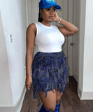 Women's Striped Fringed Short Skirt with Flared Hem