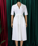 Short Sleeved Suit Style Collar Tie Dress in Solid Color with Belt