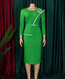 Elegant A-Line Pencil Skirt Dress With Belt in Deep Blue Green Rose Black