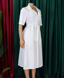 Short Sleeved Suit Style Collar Tie Dress in Solid Color with Belt
