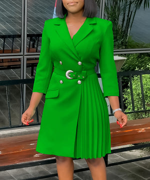 High Waisted Fashionable Pleated Patchwork Mid Length Suit Dress