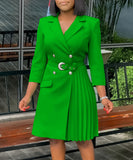 High Waisted Fashionable Pleated Patchwork Mid Length Suit Dress