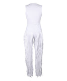 Sash Belt Pants and Sleeveless Fringe Top Set Bold Colors