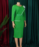 Elegant A-Line Pencil Skirt Dress With Belt in Deep Blue Green Rose Black