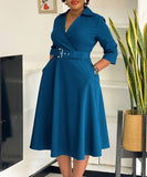 Collared Fashionable Solid Color Long Sleeved Dress With Large Skirt and Belt