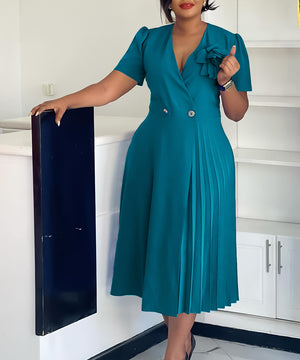 V Neck Short Sleeved Pleated Dress in Solid Fashion Colors