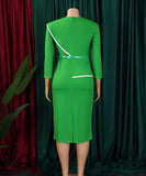 Elegant A-Line Pencil Skirt Dress With Belt in Deep Blue Green Rose Black