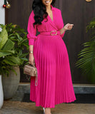 High Waist Pleated Long Sleeve Dress with Lapel and Belt