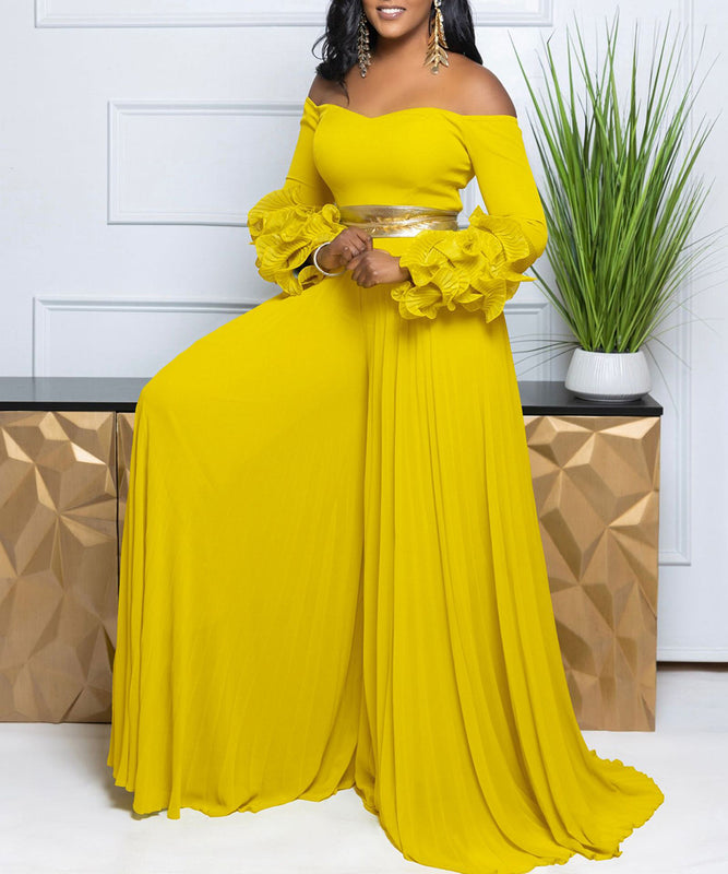 Stylish One-Line Collar Ruffled Sleeves Wide-Leg Jumpsuit