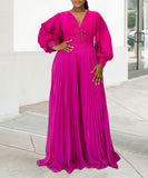Long-Sleeved Beaded Sexy Wide-Leg Pleated Jumpsuit Glam