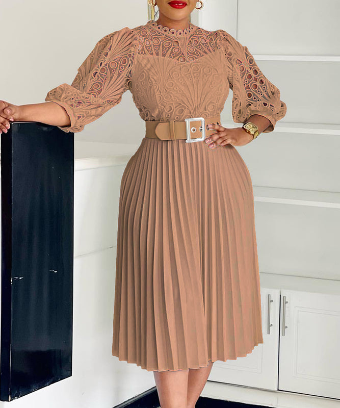 Elegant Solid Color Lace Crocheted Hollow Pleated Dress