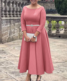 Solid Color A Line Evening Dress Long Sleeve With Belt Available in Pink Green Rose Red White and Black