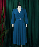 Collared Fashionable Solid Color Long Sleeved Dress With Large Skirt and Belt