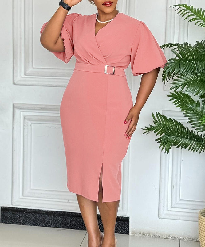 V Neck Puff Sleeve Mermaid Dress With Cinched Waist And High Slit