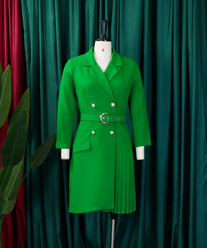 High Waisted Fashionable Pleated Patchwork Mid Length Suit Dress