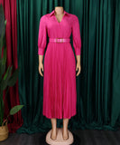 High Waist Pleated Long Sleeve Dress with Lapel and Belt