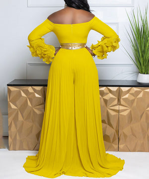 Stylish One-Line Collar Ruffled Sleeves Wide-Leg Jumpsuit