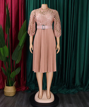 Elegant Solid Color Lace Crocheted Hollow Pleated Dress