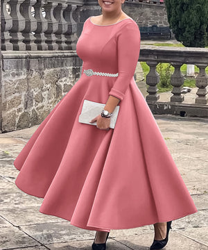 Solid Color A Line Evening Dress Long Sleeve With Belt Available in Pink Green Rose Red White and Black
