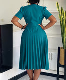 V Neck Short Sleeved Pleated Dress in Solid Fashion Colors