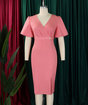 V Neck Puff Sleeve Mermaid Dress With Cinched Waist And High Slit