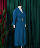 Collared Fashionable Solid Color Long Sleeved Dress With Large Skirt and Belt