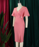 V Neck Puff Sleeve Mermaid Dress With Cinched Waist And High Slit
