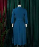 Collared Fashionable Solid Color Long Sleeved Dress With Large Skirt and Belt