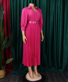 High Waist Pleated Long Sleeve Dress with Lapel and Belt