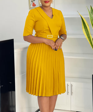 Stylish Large V-Neck Pleated Dress in Vibrant Solid Colors